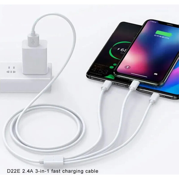 Кабель Denmen D22E 3-В-1 Lightning / Micro USB / Type-C 2.4A 1M білий