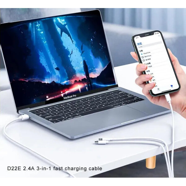 Кабель Denmen D22E 3-В-1 Lightning / Micro USB / Type-C 2.4A 1M білий