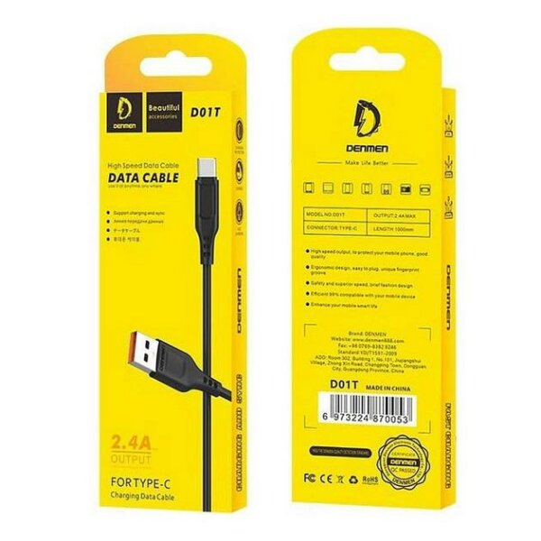 Кабель Denmen D01T Silicone USB Type-C 2.4A 1M  чорний