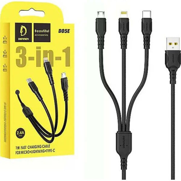 Кабель Denmen D05E 3-В-1 Lightning / Micro USB / Type-C 2.4A 1M Чорний