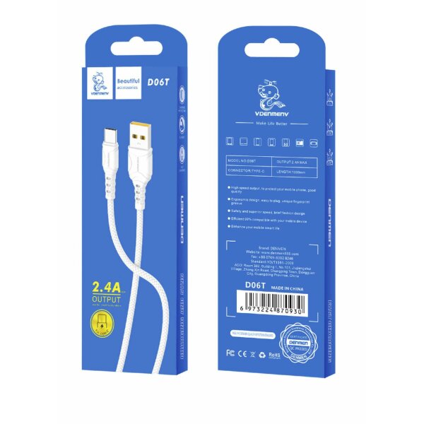 Кабель Denmen D06T Silicone USB Type-C 2.4A 1M Білий